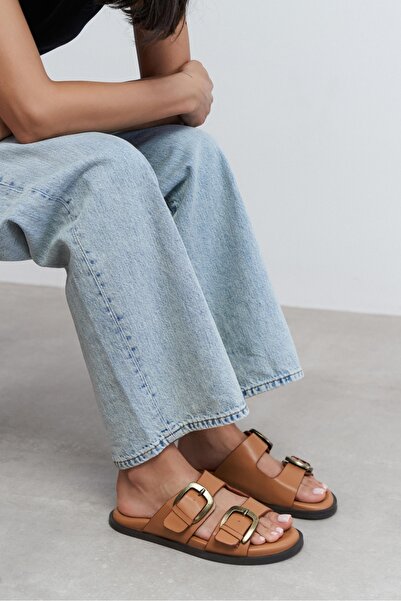 NİŞANTAŞI SHOES Ting Light Tan Matte Double Buckle Detail Flat Sole Women's S...