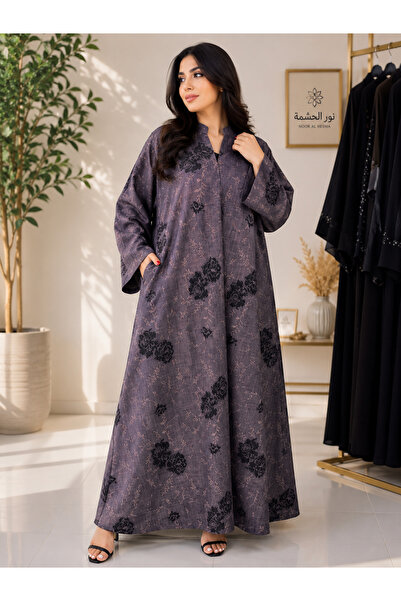NOUR Lemar Abaya with Printed Linen Fabric