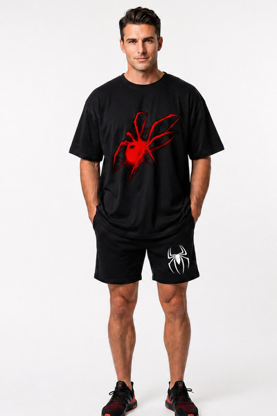 EFFRENATU Men's T-Shirt Shorts Set Black Spider Spider Print Bold Oversized