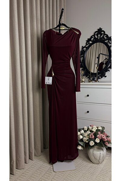 MYGROUP Soft Maxi Evening Dress with Long Sleeves and Side Zemzem Detail