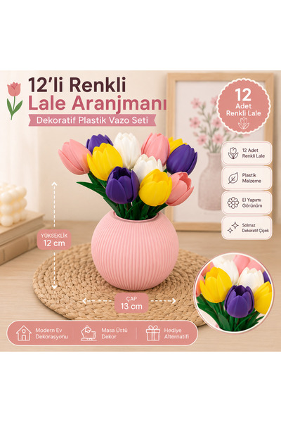TRİMENT3D 12-Piece Colorful Tulip Arrangement Plastic Vase Decoration
