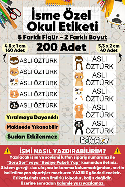 hdsticker 200 Adet Kedi Desenli İsme Özel Okul Etiketi Kişiye Özel İsim Baskı...