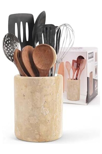 Radicaln Marble Utensil Holder 6.5 Inch Travertine Utensils Set & Spatula Org...