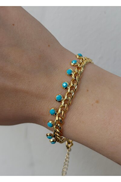 KİLİGİSTANBUL Flow Gold Color Blue Beads Bracelet 18+4 cm