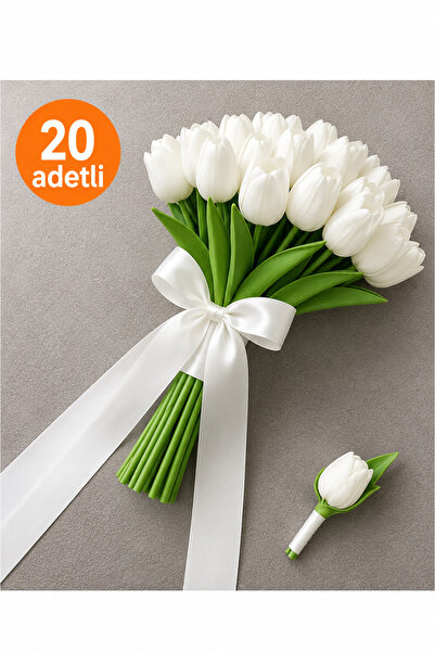 fesleğen çiçek Gelin Buketi Islak Lale Beyaz Damat Yaka Çiçeği 20 adetli