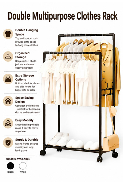 Baytix HOME Double Rod Clothes Rack with Shoe Storage Shelf & Hooks, Multifun...