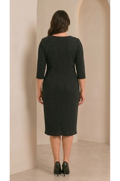 Meddesa Rochie Midi Elastică cu Croială Petrecută și Aplicație Florală 3D Negru Plus size