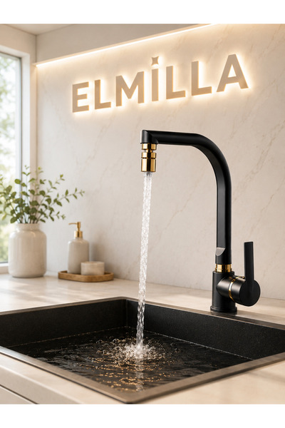 elmilla Siyah / Gold Armut Balık Sırtı Oynar Başlıklı Perlatörlü Mutfak Eviye...