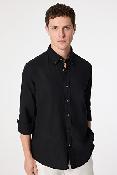 D'S Damat Ds Damat Comfort Black Flared Cotton-Linen Summer Shirt