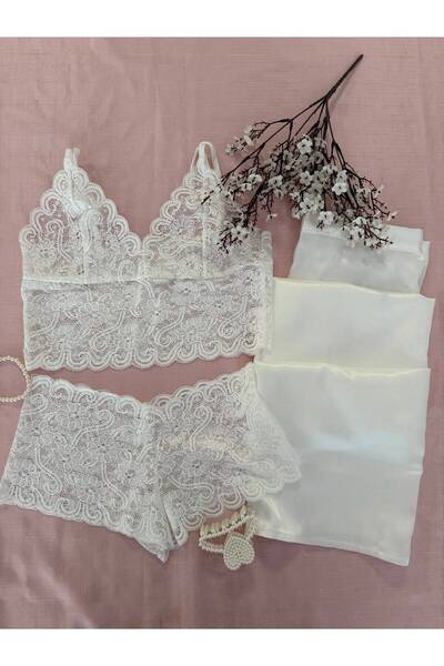 MH Moony Homewears 3-Piece White Lace Top Satin Bottom Pajama Set