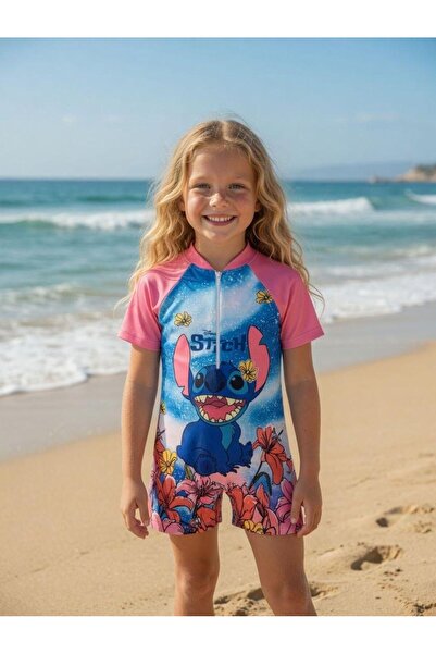 NATS KİDS Kız Çocuk Stitch Desenli Kısa Kollu Fermuarlı Şortlu Mayo UV Koruma...