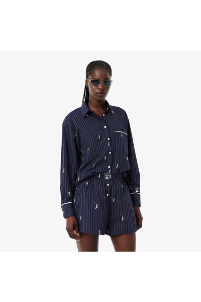 Lacoste Kadın Oversize Fit Çizgili Lacivert Gömlek
