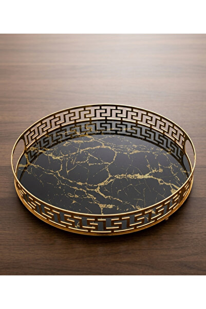 Peramari Decorative Round Chrome Metal Glass Presentation Tray with Marble Pa...