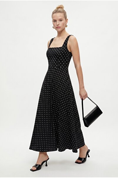 Ritnice Women's Füsun Back-Tie Square Neck Woven Long Polka Dot Black Dress