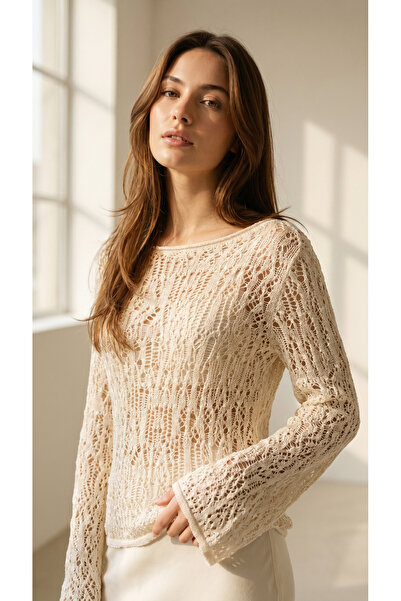Wearified Openwork Knitwear Blouse Women's Crop Stylish Cotton Sausage Collar...