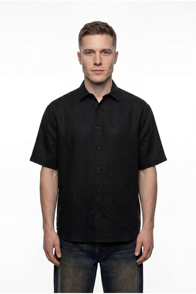 Machinist Men's Short Sleeve Oversize Linen Shirt Black