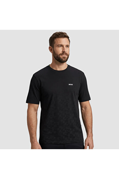 BOSS Erkek Bisiklet Yaka Logo Baskılı Pamuklu Kısa Kollu Siyah T-Shirt