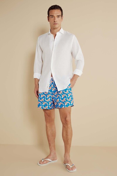 BROOKS BROTHERS Erkek Mavi-Turuncu Lastikli Japon Balığı Desenli Deniz Şortu
