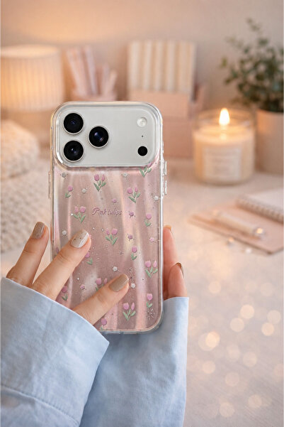 MustCase iPhone 17 Pro Uyumlu Pembe Lale Desenli Holografik Telefon Kılıfı Pa...