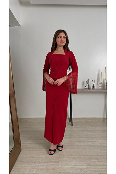 REVE Elegant Red Dress with Long Sleeves and Fringe, Highlighting the Curvy F...