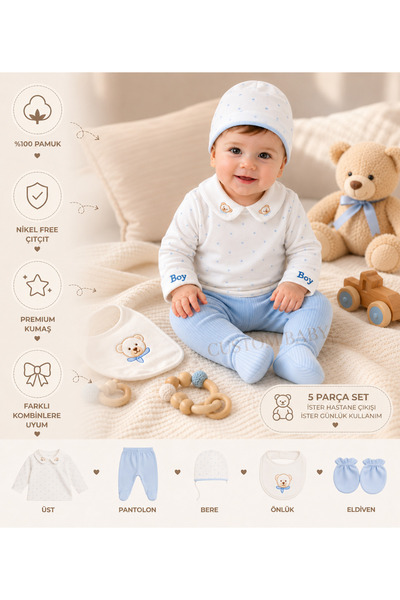 cayzen Custom Baby Erkek Bebek 5 Parça Hastane Çıkış Seti %100 Pamuk Mavi