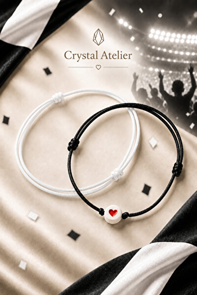 Crystal Atelier Siyah Beyaz Kalpli Makrome 2’li Taraftar Bileklik Seti Ayarla...