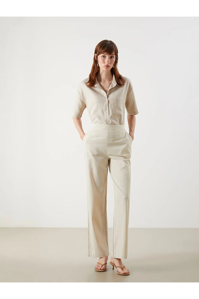 LC Waikiki Beige Elastic Waist Linen Blend Women's Trousers