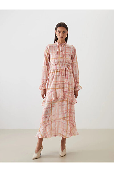 LC Waikiki Pink Tie Collar Plaid Ruffle Dress