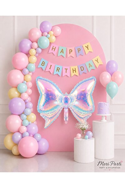 MERİ PARTİ Hologram Bow Themed Birthday Party Set - Happy Birthday Banner and...