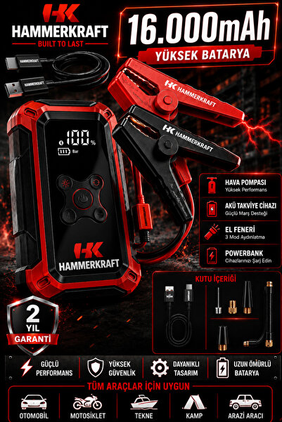 HAMMERKRAFT 4ü 1Arada Akım Korumalı 16.000mAH Yüksek Batarya Kapasiteli Akü Ş...