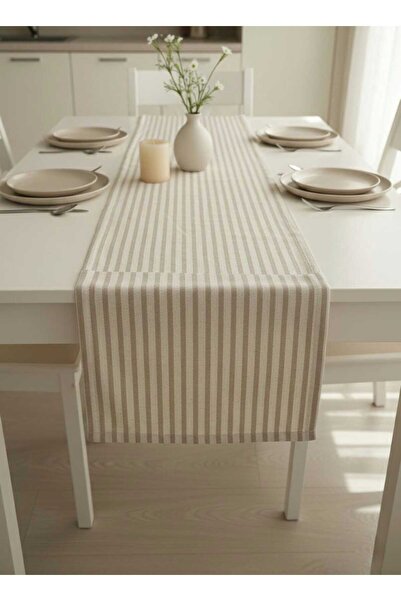 MZN Home Düz Kenarlı Sütlü Kahve Şeritli Keten Runner - 40x200 Ebatlı