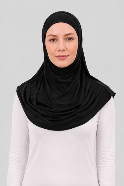 Merve Nayir Black Practical Pleated Ready-To-Wear Shawl with Bonnet