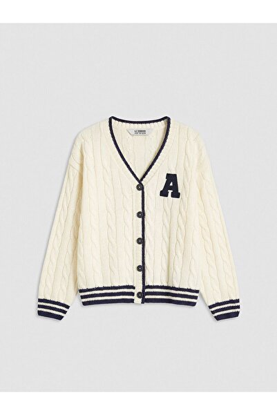 LC Waikiki Lcw Kids Ecru V-Neck Embroidered Girls' Knitwear Cardigan