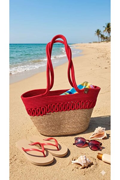 lady special Zigzag Pattern Straw Bag Red & Mink
