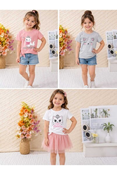 TREND THE BEST Trendin En İyisi Summer Bow Cat, Crowned Cat, Smiling Cat Printed Girls' Gray, White, Pink Colors 3-Piece T-Shirt Set
