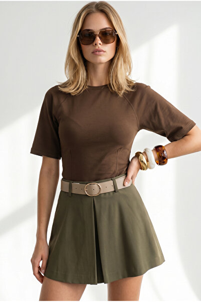 Olalook Women's Brown Waist-Slit Modal Buttoned Blouse with Stitching Detail ...