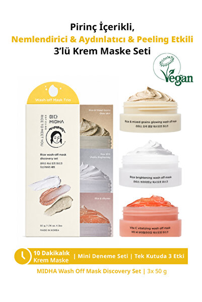 MIDHA Nemlendirici Aydınlatıcı & Peeling Etkili 3lü Krem Maske Seti Rice Wash...