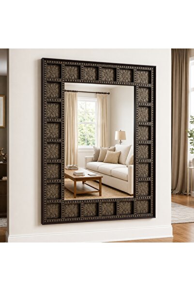 Ebticar Luxury Brown Wooden Frame Indian Embroidery Square Wall Mirror