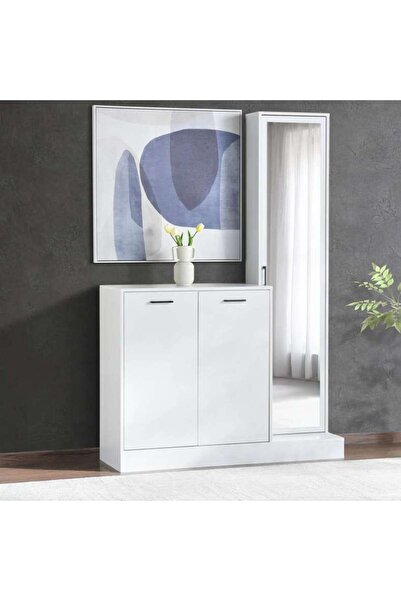 PAN HOME Convex Shoe Rack 16 Pairs With 2 Door And Tall Mirror - White