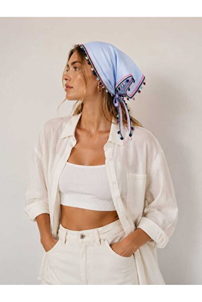 Handmade Betty Bands Açık Mavi Üçgen Bandana Fisto Detaylı Bağlamalı Fular Eş...