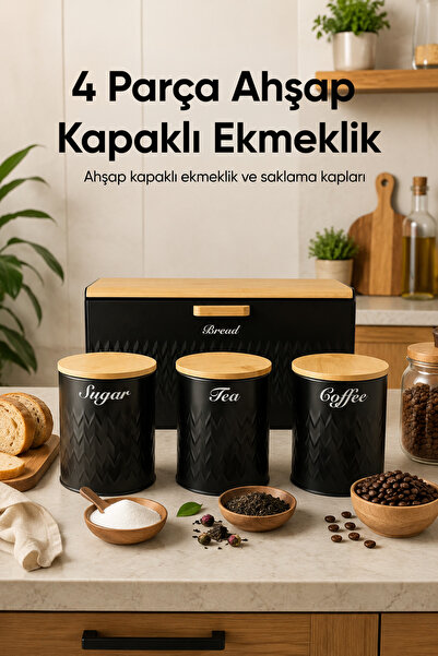 Vienev Metal Bread Box with Wooden Lid and 3-Piece Tea, Sugar, Coffee Storage...
