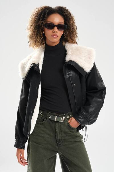 tw3 Women's Leather Collar with Fur Detail and Plush Lining Design Jacket Coat