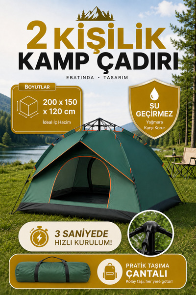 Seyoni Outdoor AC6634 Otomatik Kamp Çadırı 200x150x120 cm Çift Katmanlı Su Ge...