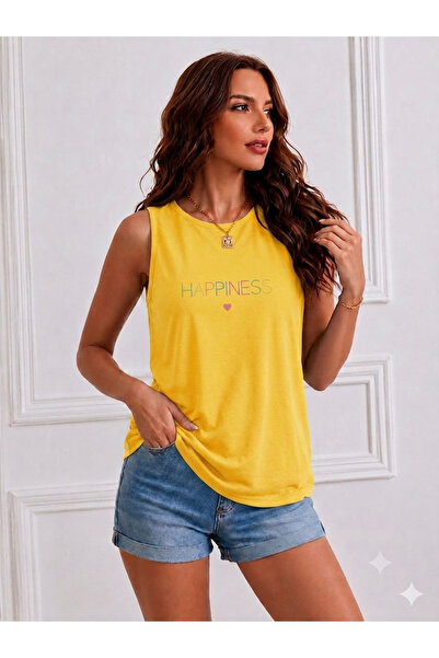 FAVORİST Happiness Printed Women's (Off Shoulder) Sleeveless T-Shirt with Straps