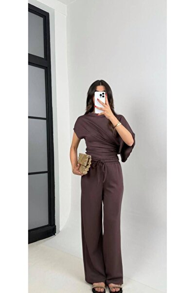 Olbia Women's Brown Bat Sleeve Waist-Fitted Comfortable Pants Modal Set