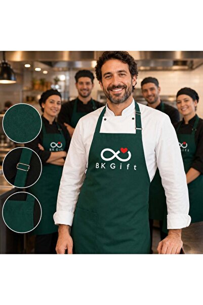 Bk Gift 10 Green Kitchen Aprons with Your Logo - Adjustable Neck Strap - Fron...