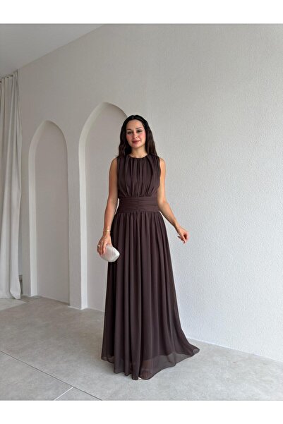 Mooi Butik TİAGO Maxi Elbise 3706 - Acı Kahve