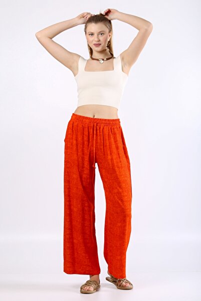della moor Women's Orange Elastic Waist Wide Leg Viscose Casual Trousers Size...