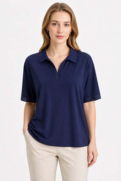 Mutlu Ertan Women's Polo Collar Stone-Embellished Bluz 30496-Navy Blue