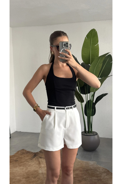 asfamoda Women's White Belted High Waist Pleated Shorts – Stylish Office Casu...